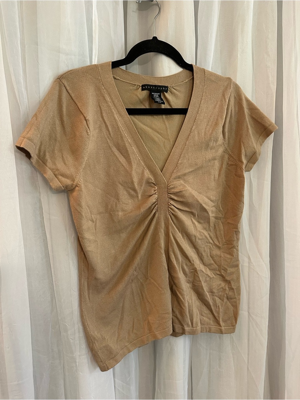Apostrophe Women's Short Sleeve V-Neck Ruched Top - Tan